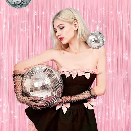 2Pack Pastel Pink Foil Fringe Tinsel Curtains, Pink Backdrop Streamers