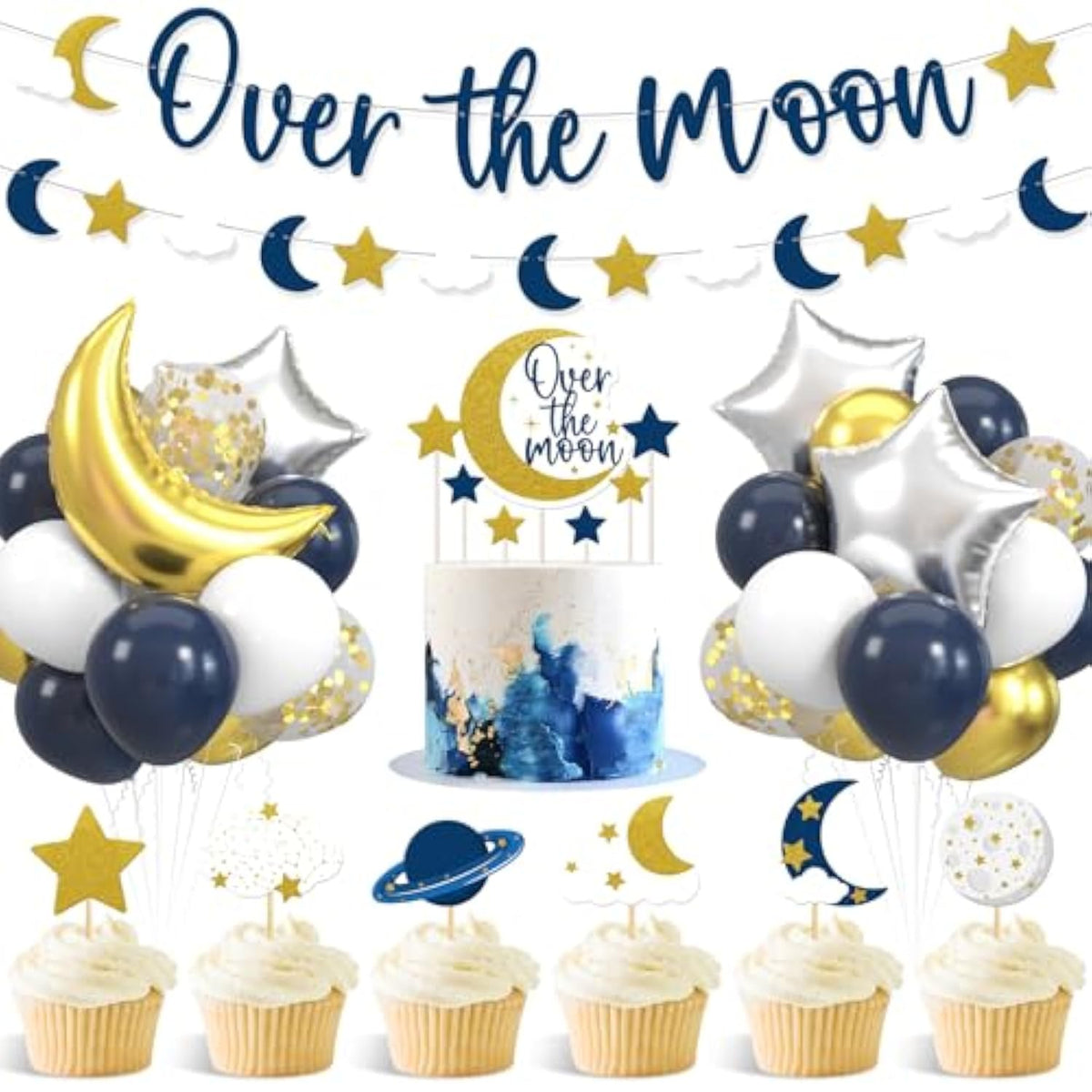 Over The Moon Baby Shower Decorations Space Party Banner Moon Star Cake Cupcake Toppers Navy Blue Gold Balloons For Twinkle Twinkle Little Star Outer Space First Birthday Supplies