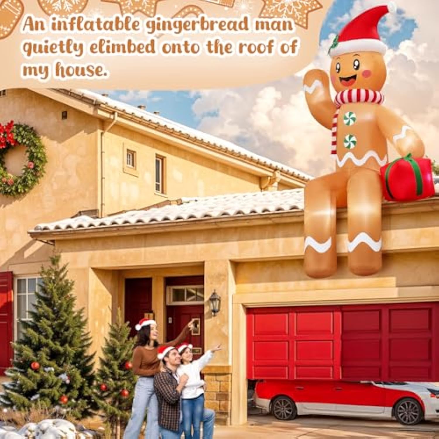 10Ft Christmas Inflatable Outdoor Decoration, Sitting Waving Gingerbread Inflatables Outdoor Decorations With Built-In L