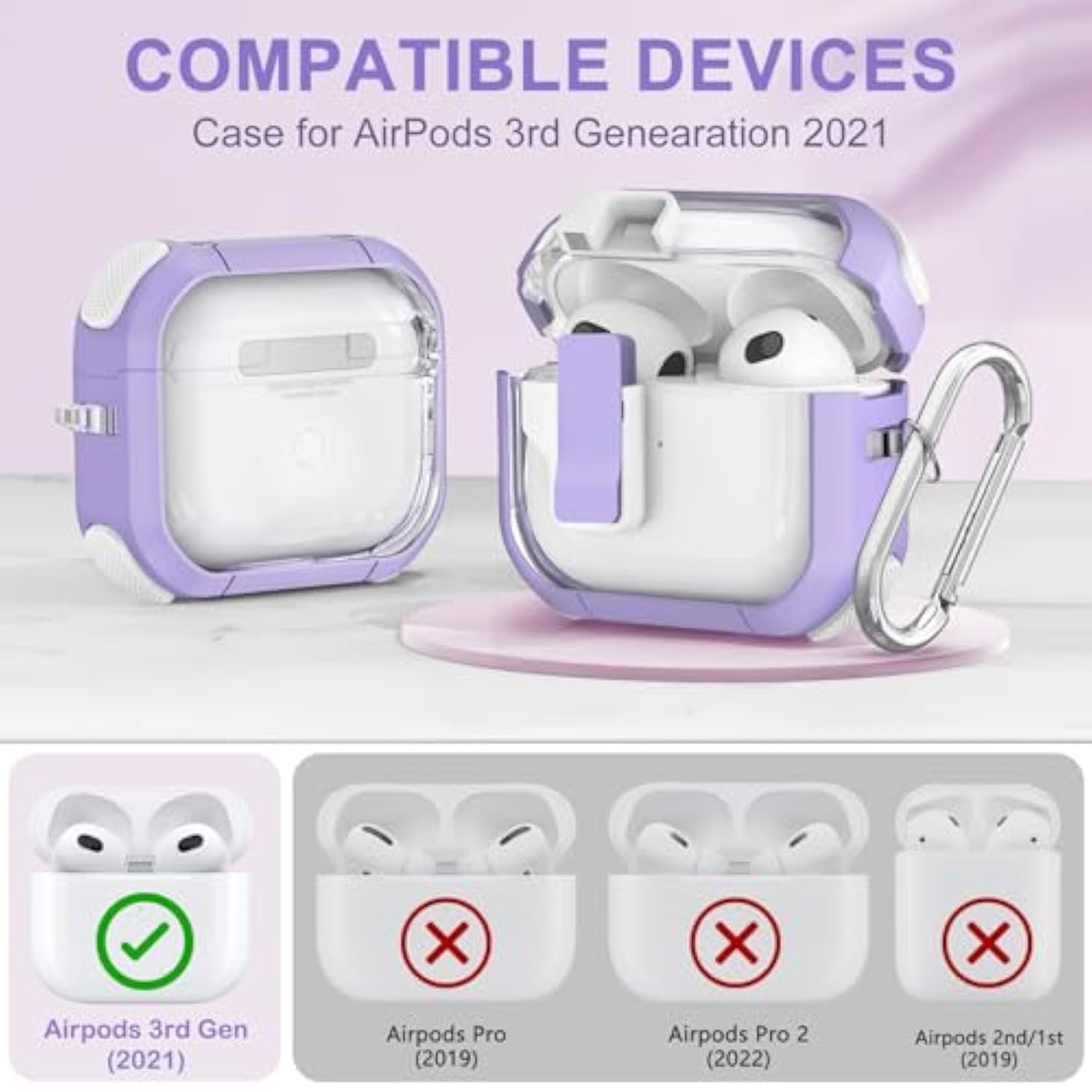 Clear Case For Airpods 3 Gen, Secure Lock Case For Apple Airpod 3Rd Gen With Silicone Wrist Strap And Cute Candy Keychain, Purple