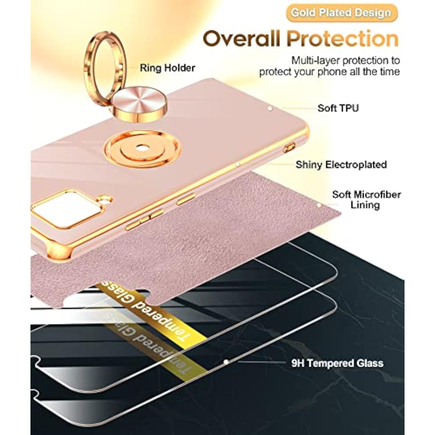 For Samsung Galaxy A42 5G Case With Tempered Glass Screen Protector [2 Pack] 360° Rotatable Ring Holder Magnetic Kickstand, Plating Rose Gold Edge Protective Case, Pink