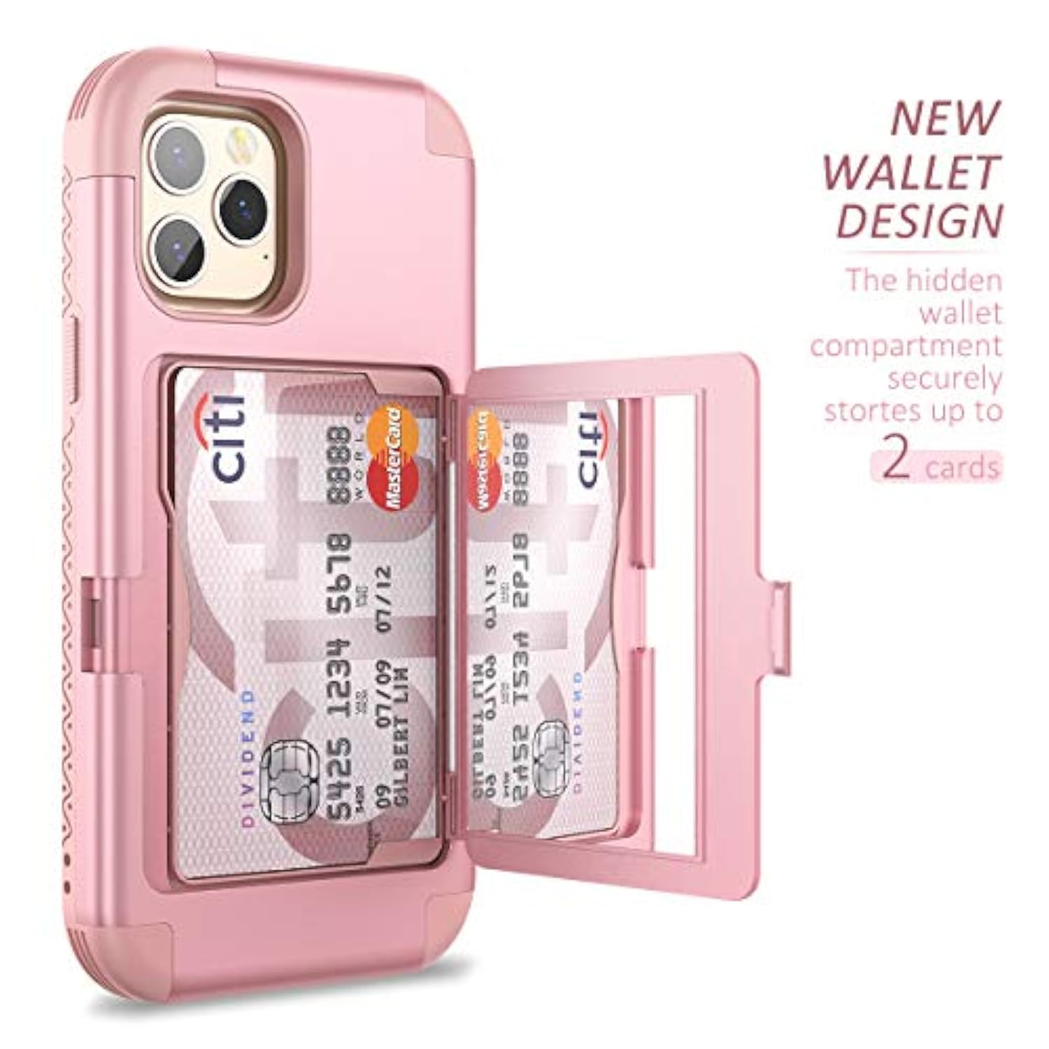 Wallet Case With Credit Card Holder & Hidden Mirror, Three Layer Shockproof Heavy Duty Protection Protective Cover For 12 Pro Max - 6.7Inch Rose Gold