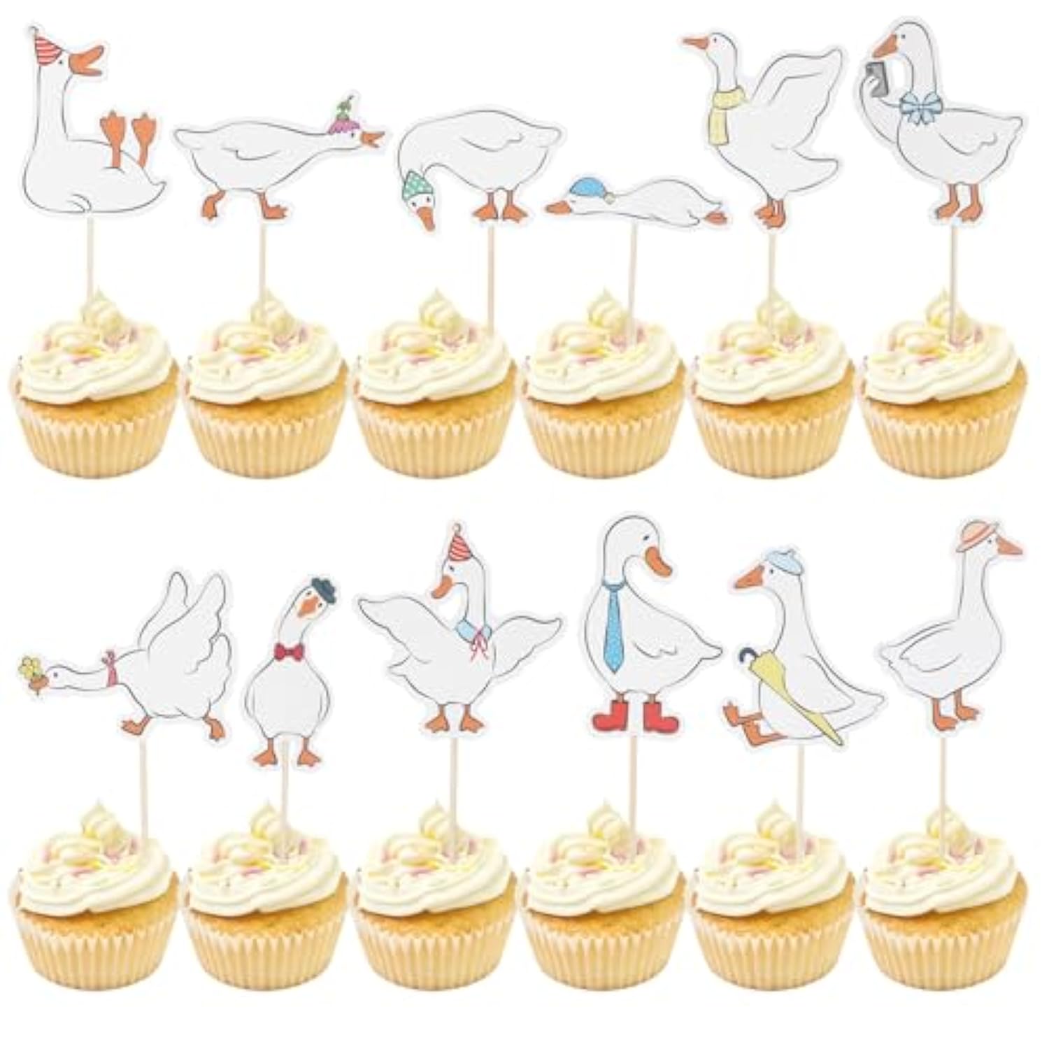 24 Pcs Silly Goose Cupcake Toppers, Cute White Goose Birthday Cake Decorations For Kids Birthday Party Supplies Baby Shower Animal Theme Cake Decor