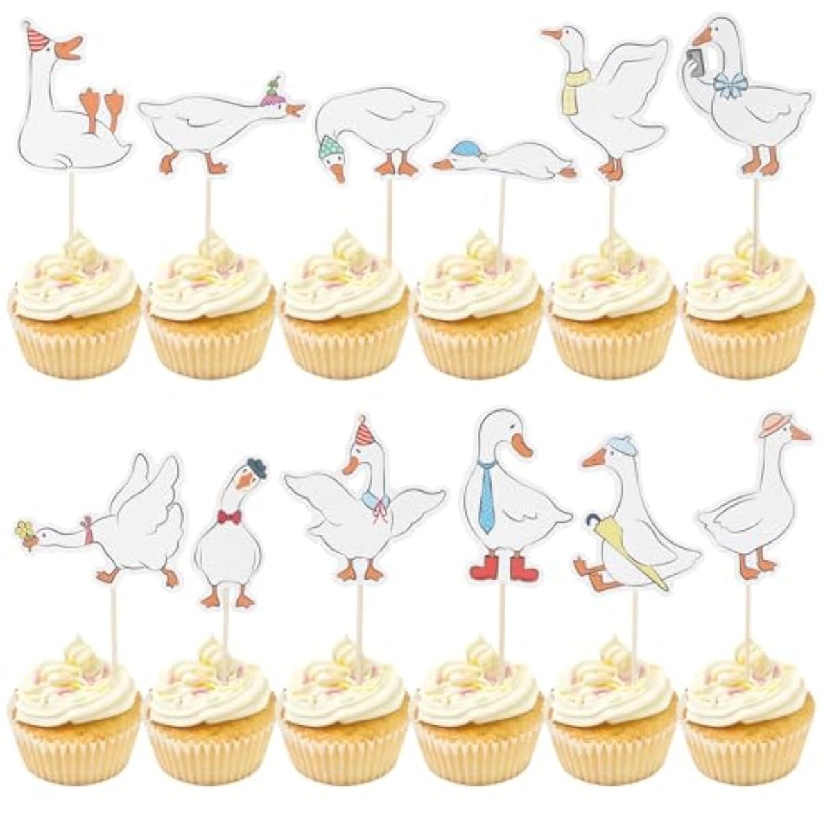 24 Pcs Silly Goose Cupcake Toppers, Cute White Goose Birthday Cake Decorations For Kids Birthday Party Supplies Baby Shower Animal Theme Cake Decor