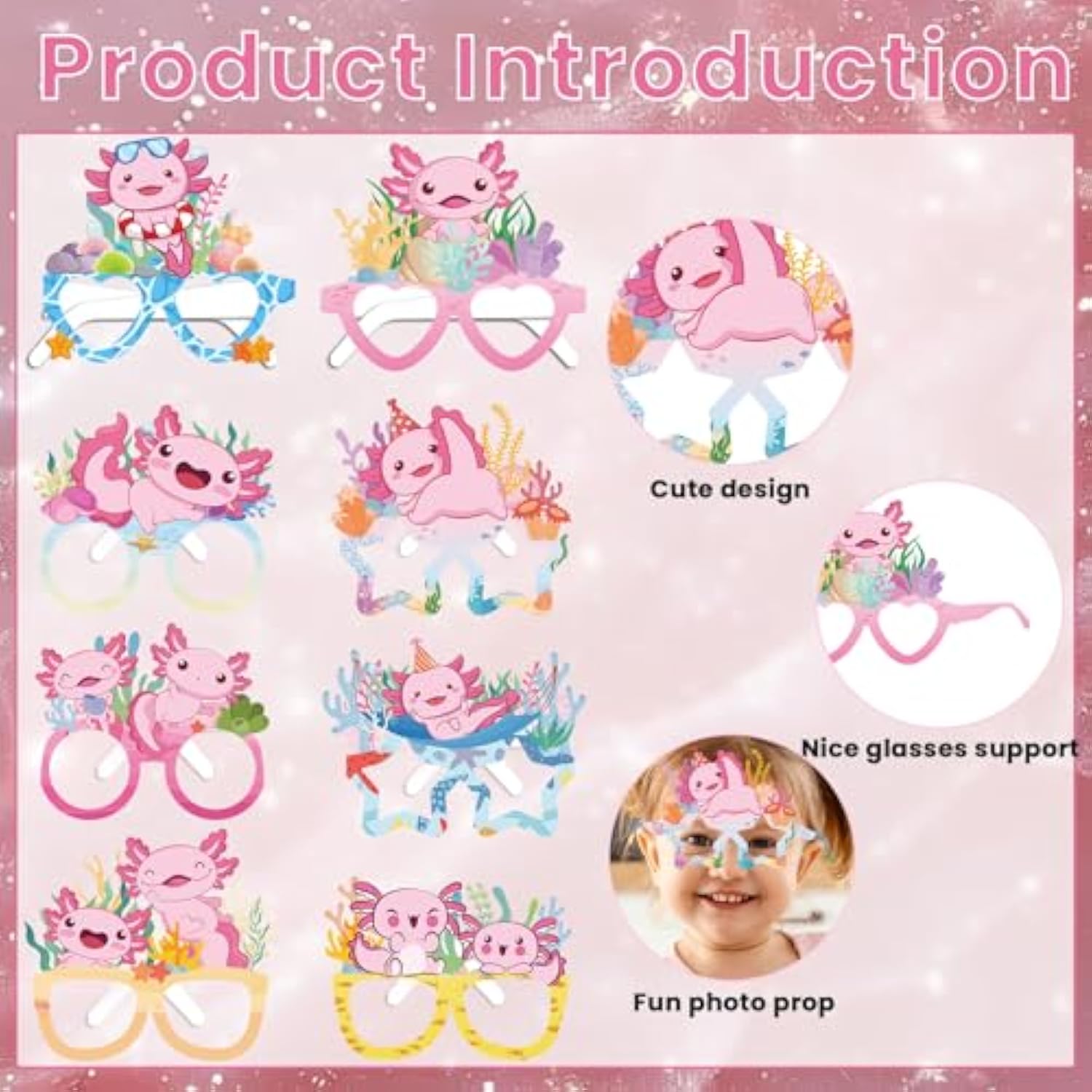 Axolotl Birthday Glasses Decorations, 24Pcs Axolotl Party Photo Booth Prop Supplies, Cute Salamander Gift Favors Eyeglasses Dress Up Cosplay