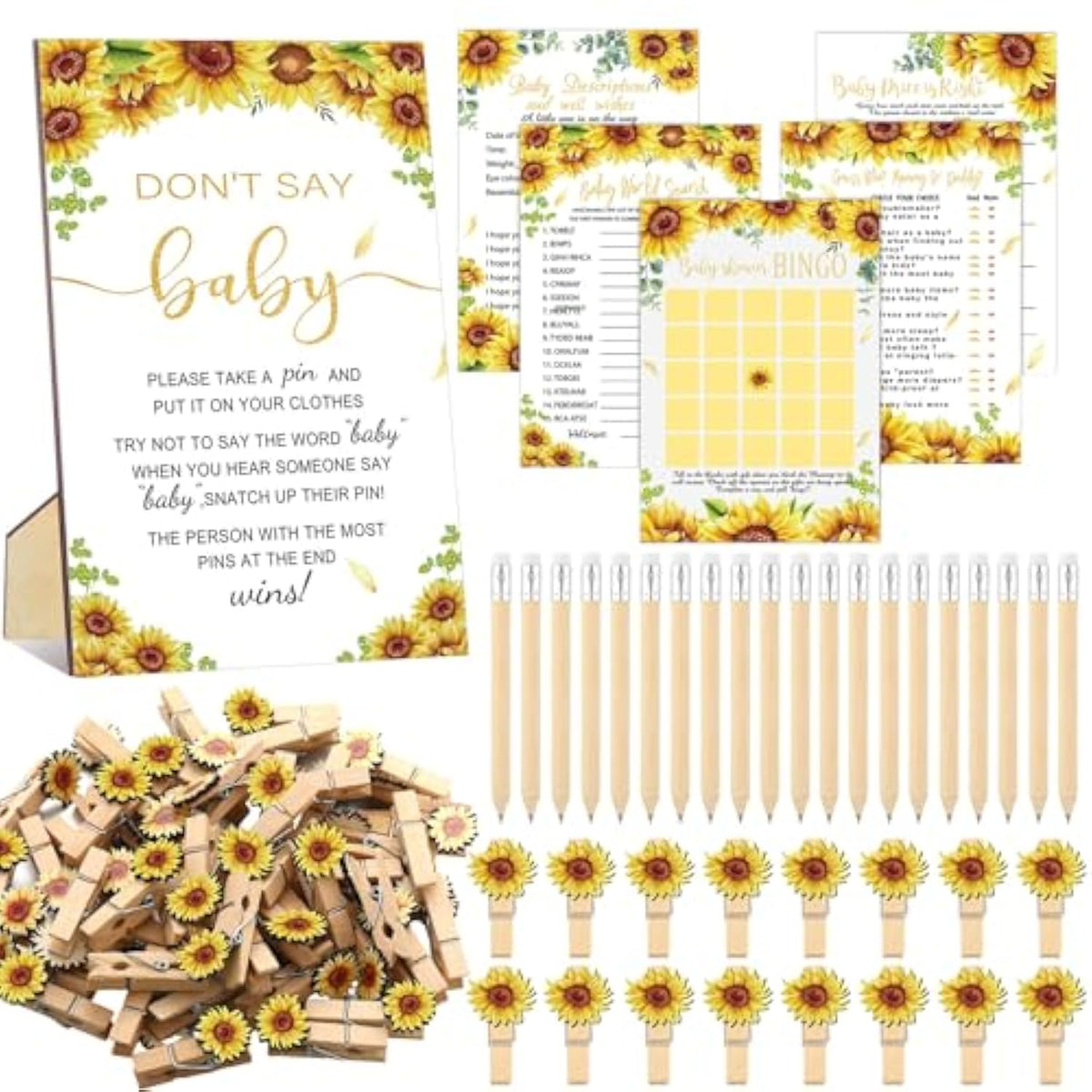 321 Pcs Sunflower Baby Shower Game Supplies For Girl Or Boy 5 Set Include 50 Activity Cards 20 Pencils 1 Don'T Say Baby Sign 50 Clothespins For Price Is Right Prediction Bingo Game Party Decor