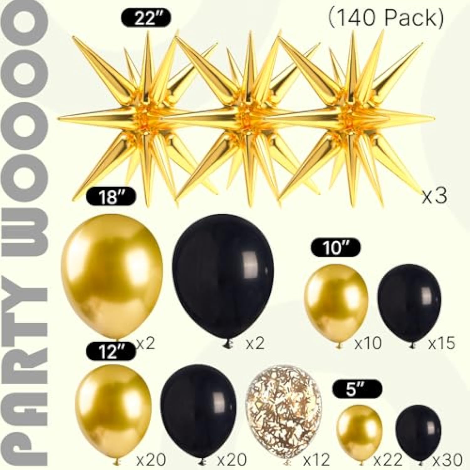 Black and Gold Balloon Garland Kit: Confetti, Star Balloons - Party Decor
