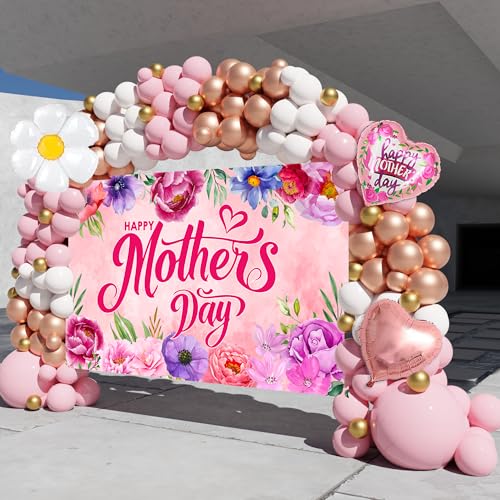 Mothers Day Decorations, 153PCS Mother’s Day Decorations for Party Pink Rose Gold Balloons with Large Happy Mother’s Day Banner Backdrop, Mothers Day Balloon Arch Kit