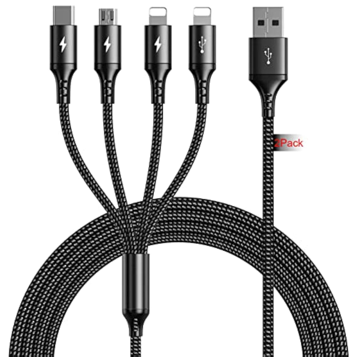 Multi Usb Charger Cable 2Pack [4A,10Ft ] 4 In 1 Usb Fast Charging Cable With Ip/Type C/Micro Usb Ports Adapter For Phone 14/13/12/11/X/8/7/6/Samsung/Pixel/Htc/Lg/Huawei/Sony/Tablets.