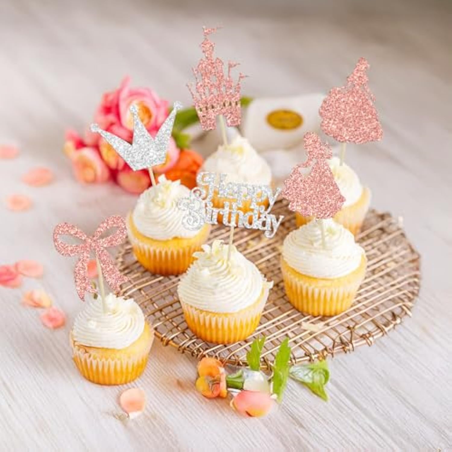 24Pcs Frozen Princess Cupcake Toppers Glitter Castle Bowknot Happy Birthday Cake Topper Decorations For Princess Happy Birthday Baby Shower New Year Party Supplies Rose Gold Silver
