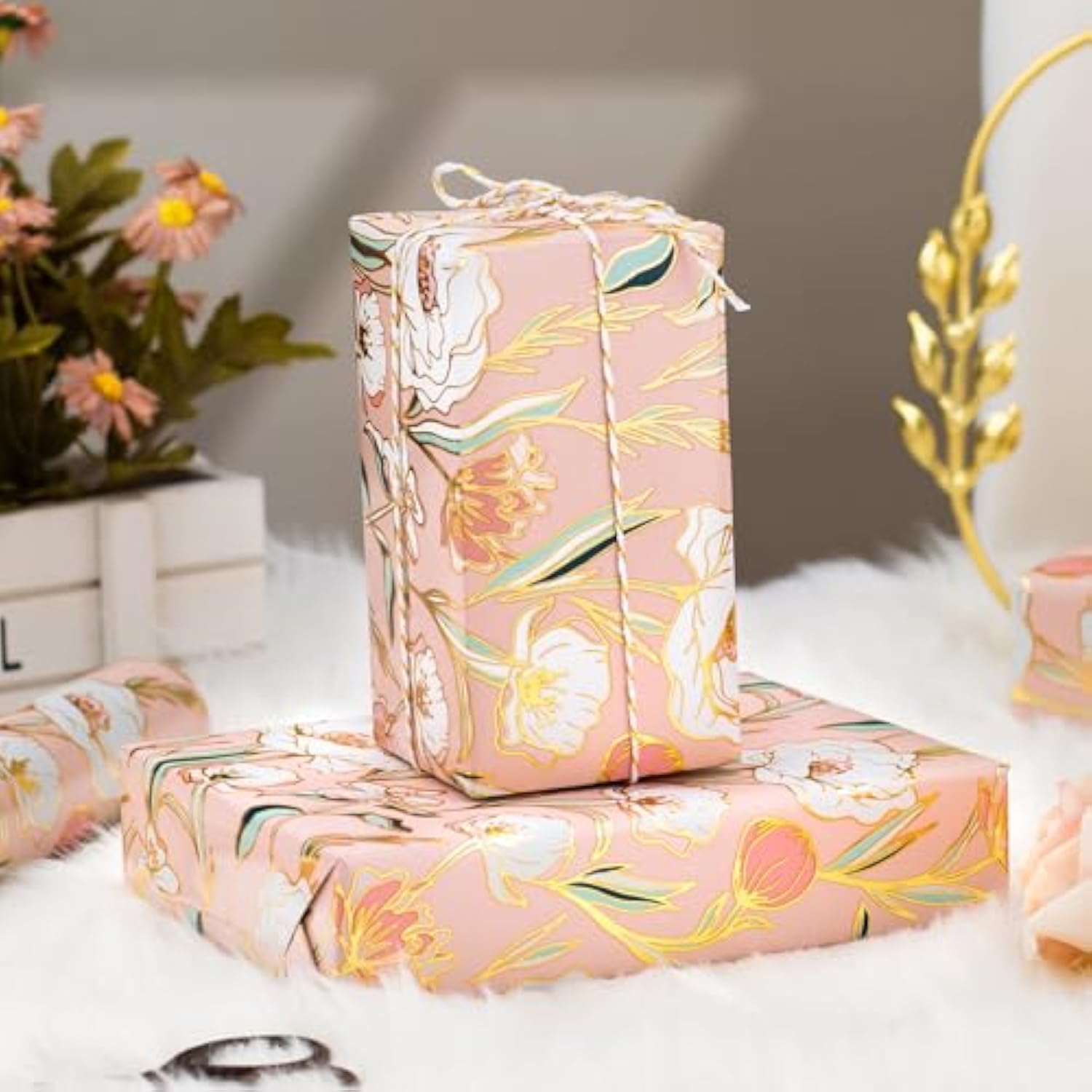 Pink Wedding Wrapping Paper Roll With Flower Patterns - 17 In X 32.8 Ft - 1 Roll (46.5 Sqft.Ttl.) Foil Floral Design Gift Wrap For Wedding, Valentines Day, Mothers Day, Birthday, Christmas