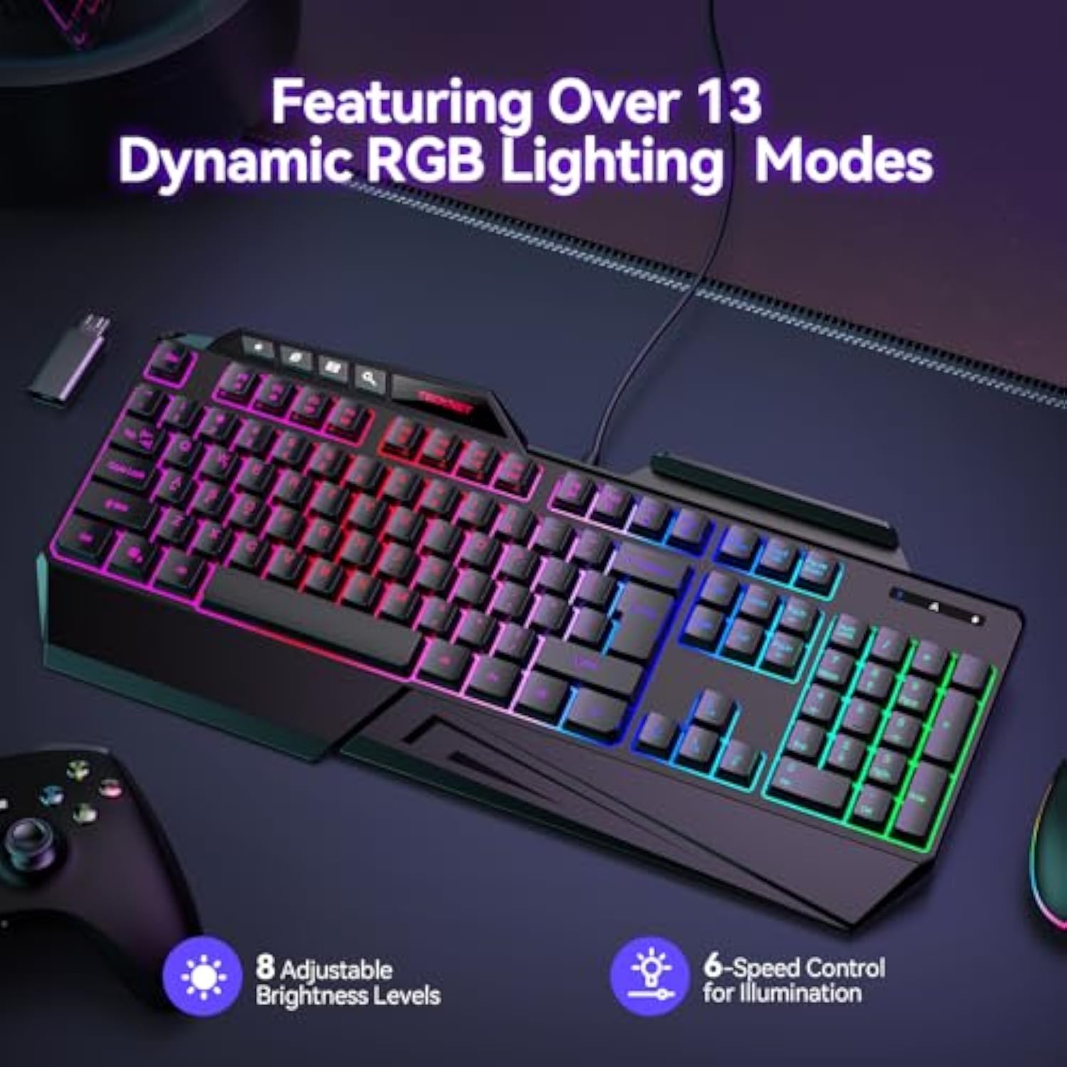 TECKNET Wired RGB Gaming Keyboard - 26-Key Anti-Ghosting, 13 Lighting Modes, Spill-Resistant, 108 Membrane Keys, Plug & Play - with Ergonomic Wrist Rest & Phone Holder for Windows/Mac (Black)