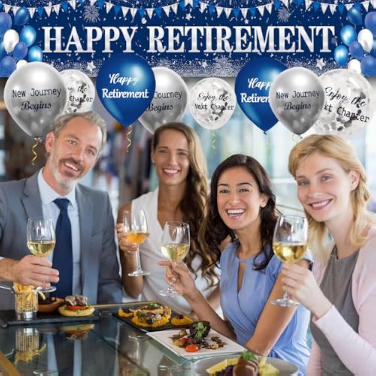 Retirement Party Decorations Blue Silver Happy Retirement Banner With 18Pcs Balloons For Men Women Large Yard Sign Decor Supplies Outdoor Indoor