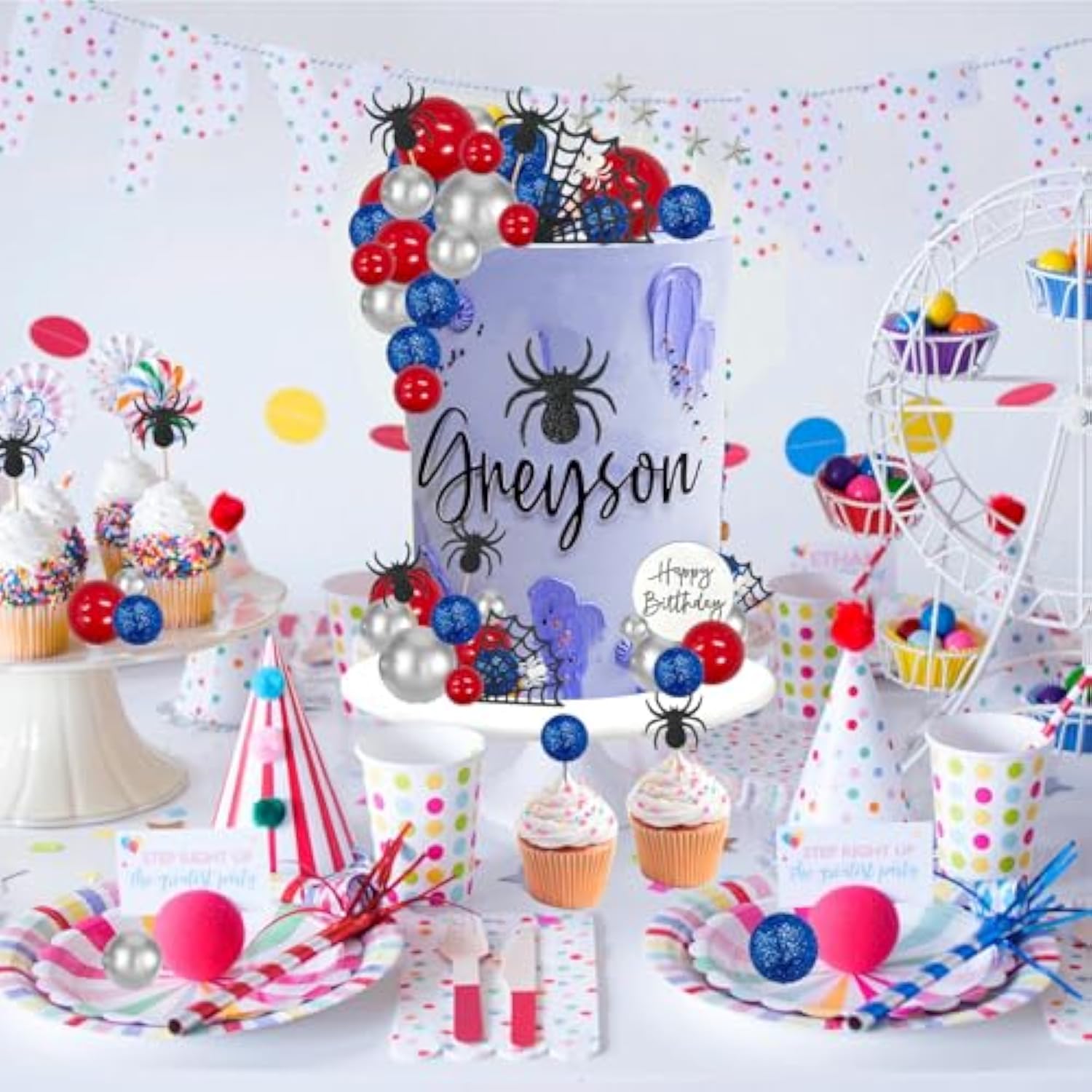 Spider Cake Topper Spider Web Cupcake Decorations Spiders Theme Cake Decor Glitter Happy Birthday Toppers Stars Red Silver Blue Balls Cupcake Topper For Boys Men Baby Shower Party Supplies
