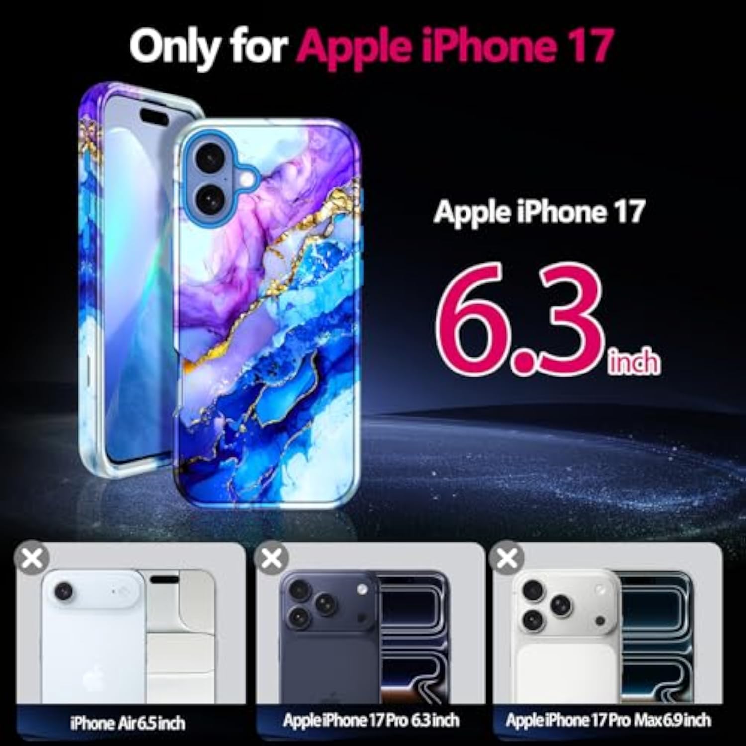Marble Women Girls Case for iPhone 17 6.3 inch, Compatible with MagSafe, Military Grade Drop Test, Full Body Protection Slim Shockproof Rugged Case, Azure Blue