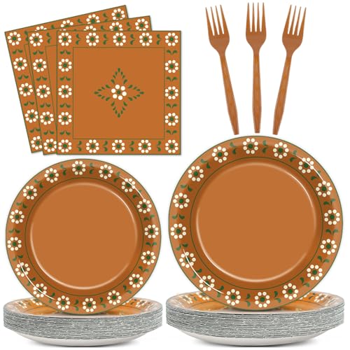 96Pcs Platos De Barro Mexicanos Paper Plates and Napkins Terracotta Flower Clay Pottery Party Decor Mexica Theme Tableware for 24 Guests Fiesta Birthday Wedding Baby Shower Party Supplies