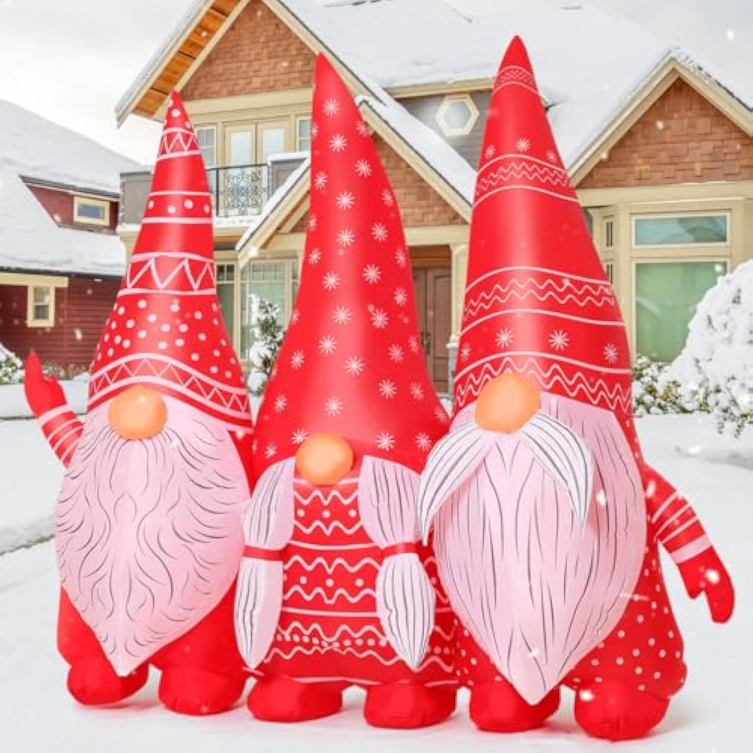 6.8 Ft Width Christmas Inflatable Gnomes Outdoor Decoration Blow Up Yard Three Xmas Midgets Holding Hands With Built-In