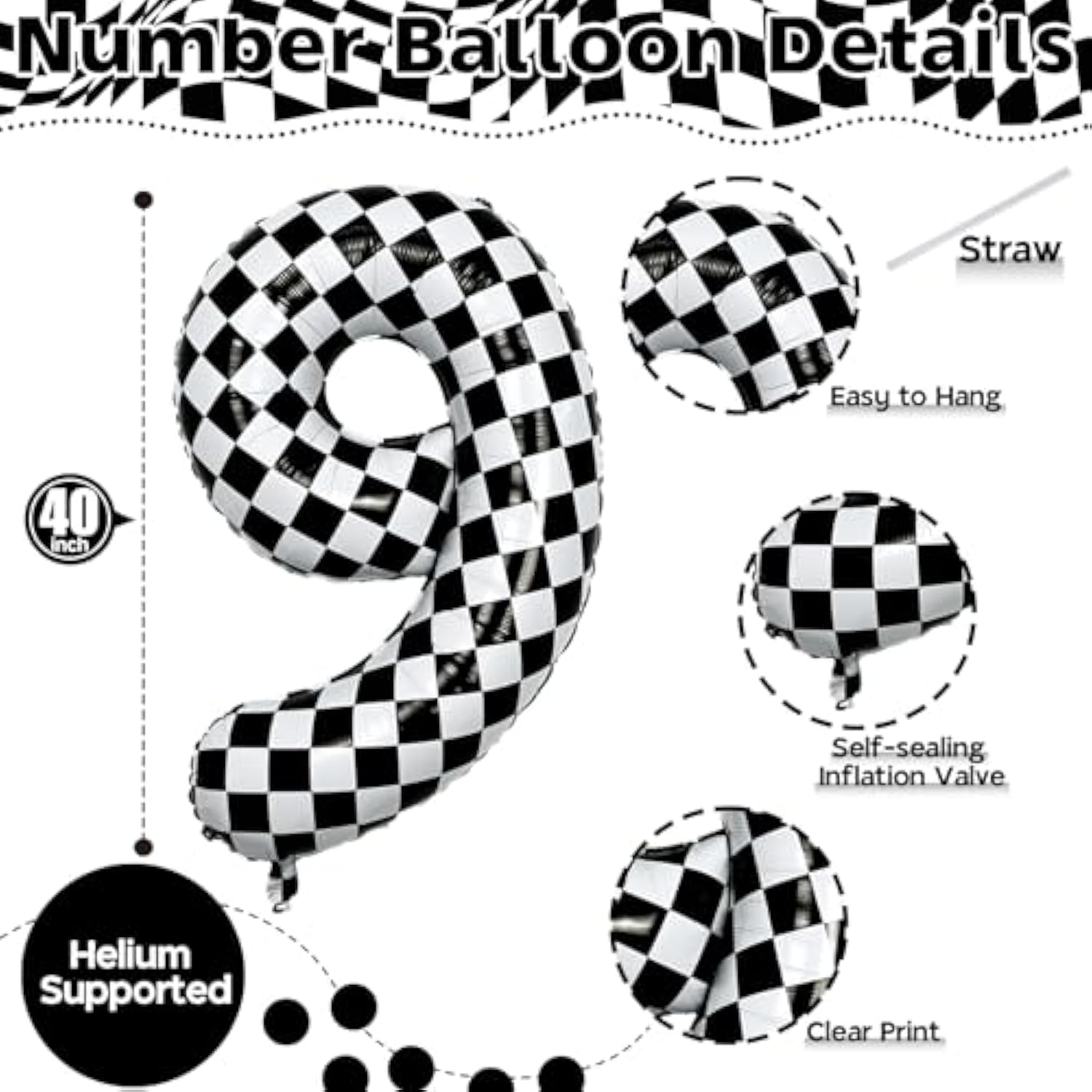 40-Inch Checkered Number 9 Balloon Large Racing Flag Decor for 9th Birthdays