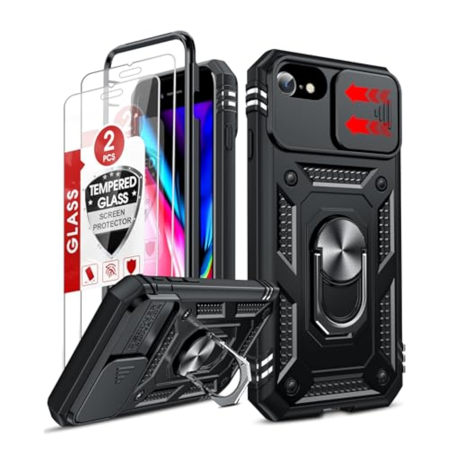 Compatible For Iphone Se 3Rd/ 2Nd Generation Case: 7/8/ Se 2022 2020 Phone Cover With Slide Camera Cover+ 2Pcs Tempered Glass Screen Protector, Full Body Case With Kickstand For Se, Black