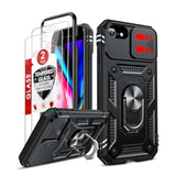 Compatible For Iphone Se 3Rd/ 2Nd Generation Case: 7/8/ Se 2022 2020 Phone Cover With Slide Camera Cover+ 2Pcs Tempered Glass Screen Protector, Full Body Case With Kickstand For Se, Black