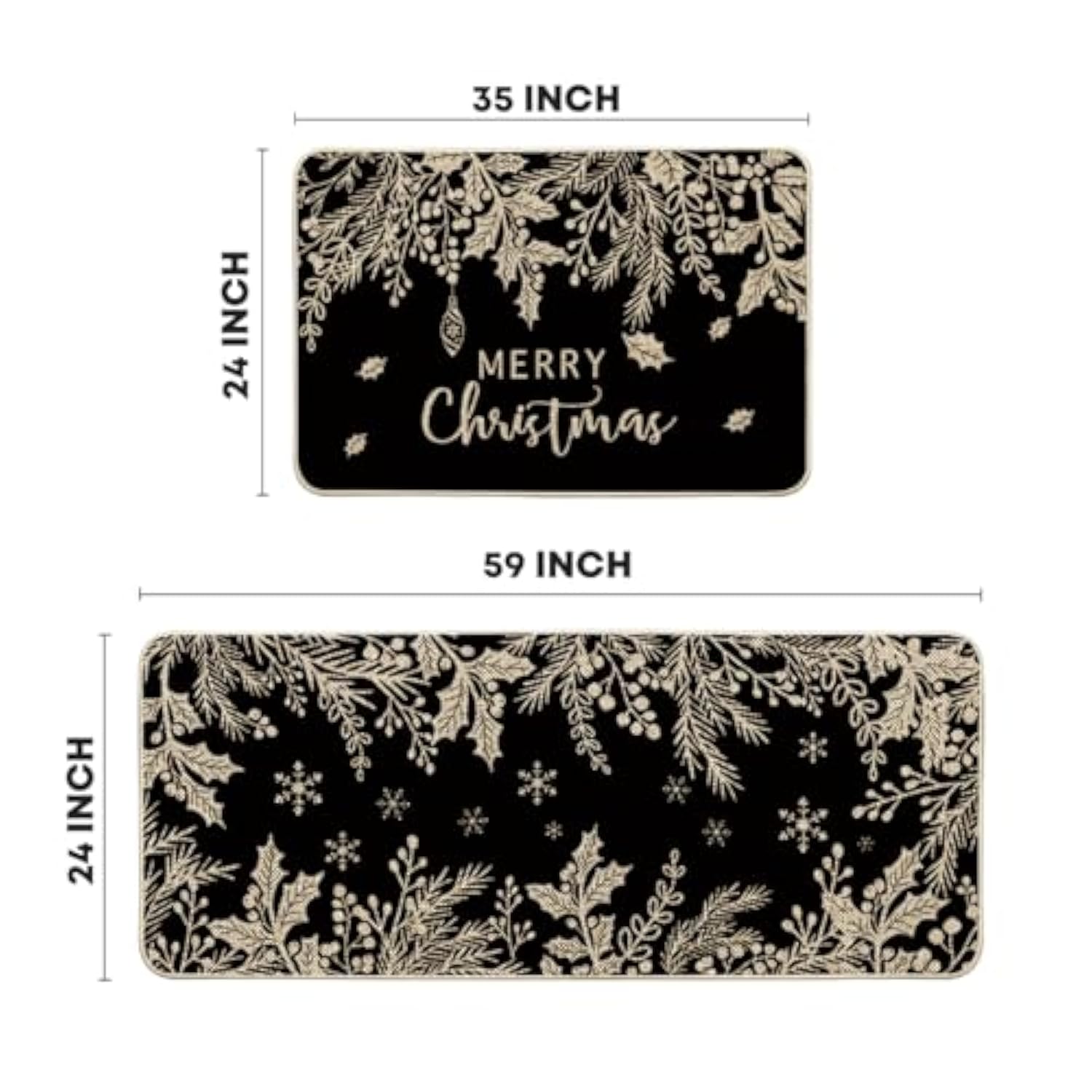 Black Holly Pine Branches Merry Christmas Kitchen Mats Set Of 2, Winter Decor Low-Profile Kitchen Rugs For Floor - 24X35 And 24X59 Inch
