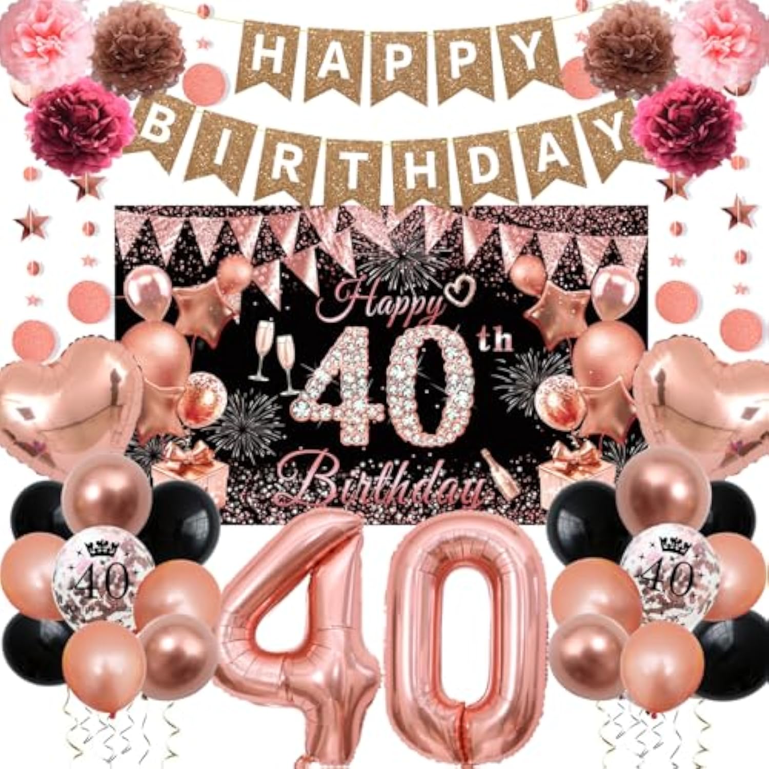 40Th Birthday Decorations For Women, Rose Gold Happy 40Th Birthday Decorations Banner Balloons Pompoms Backdrop Star Streamer, 40Th Birthday Party Supplies Set