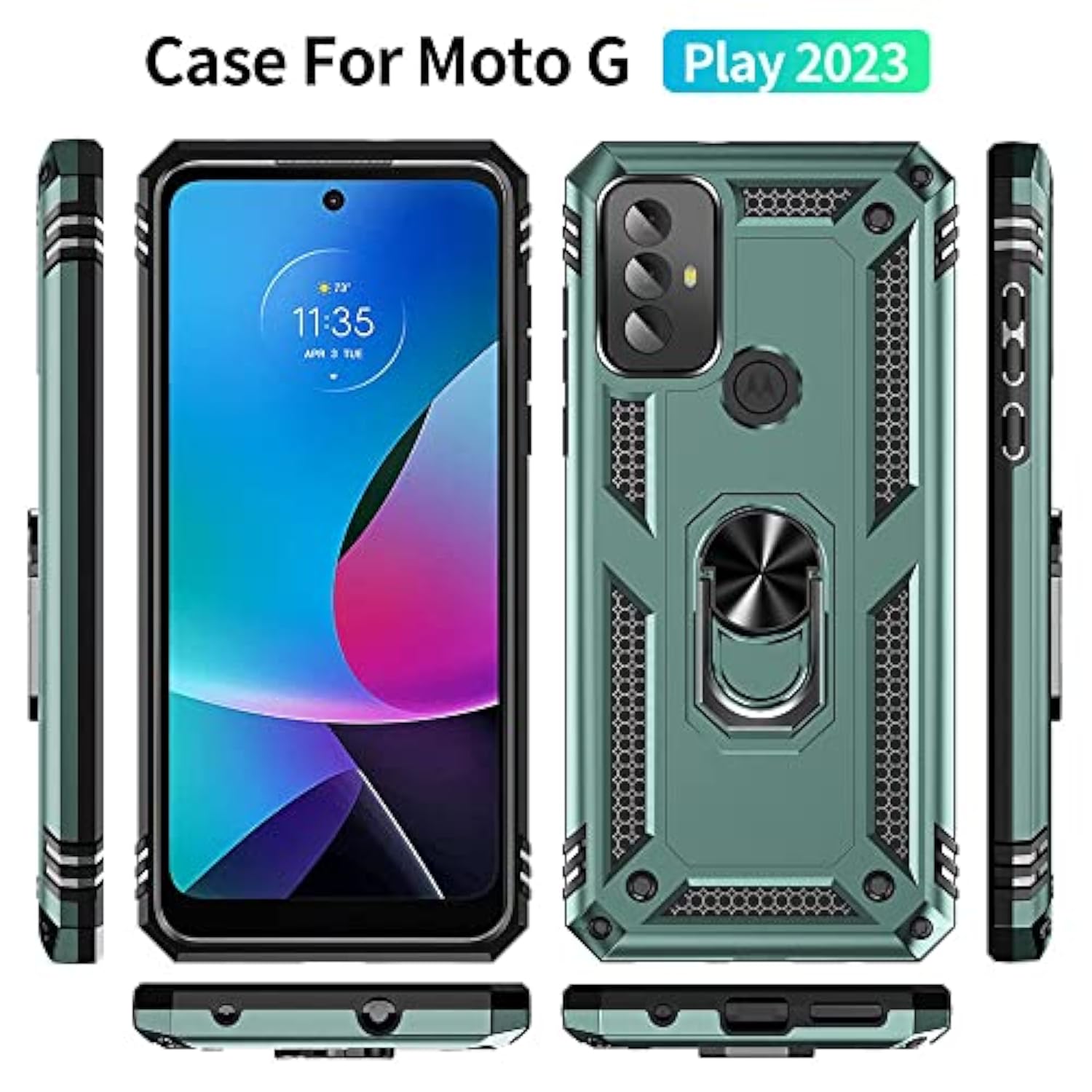 Dark Green Moto G Play 2023 Case with HD Screen Protector and Ring Stand