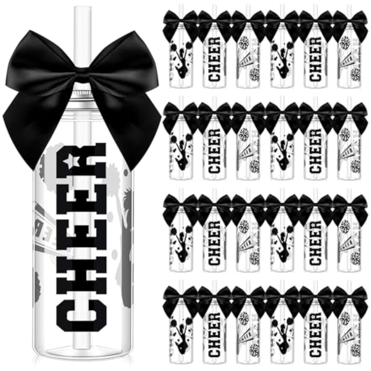 24 Pcs Cheerleader Gift Bulk For Team Cheer Cups 14 Oz Bow Water Bottle Plastic Cheer Tumblers With Lid And Straw For Cheerleader Sport Party Favor Senior Night Gift (Black)