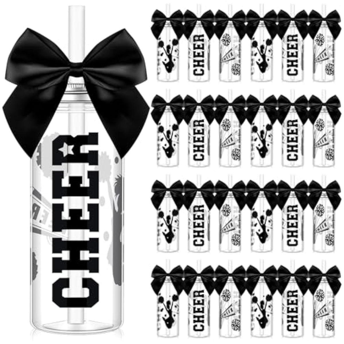 24 Pcs Cheerleader Gift Bulk For Team Cheer Cups 14 Oz Bow Water Bottle Plastic Cheer Tumblers With Lid And Straw For Cheerleader Sport Party Favor Senior Night Gift (Black)