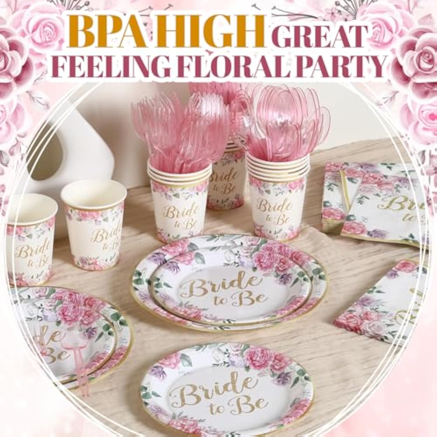 350Pcs Floral Bridal Shower Decorations For 50 Guests Include Paper Plate, Napkin, Cup And Disposable Plastic Tableware