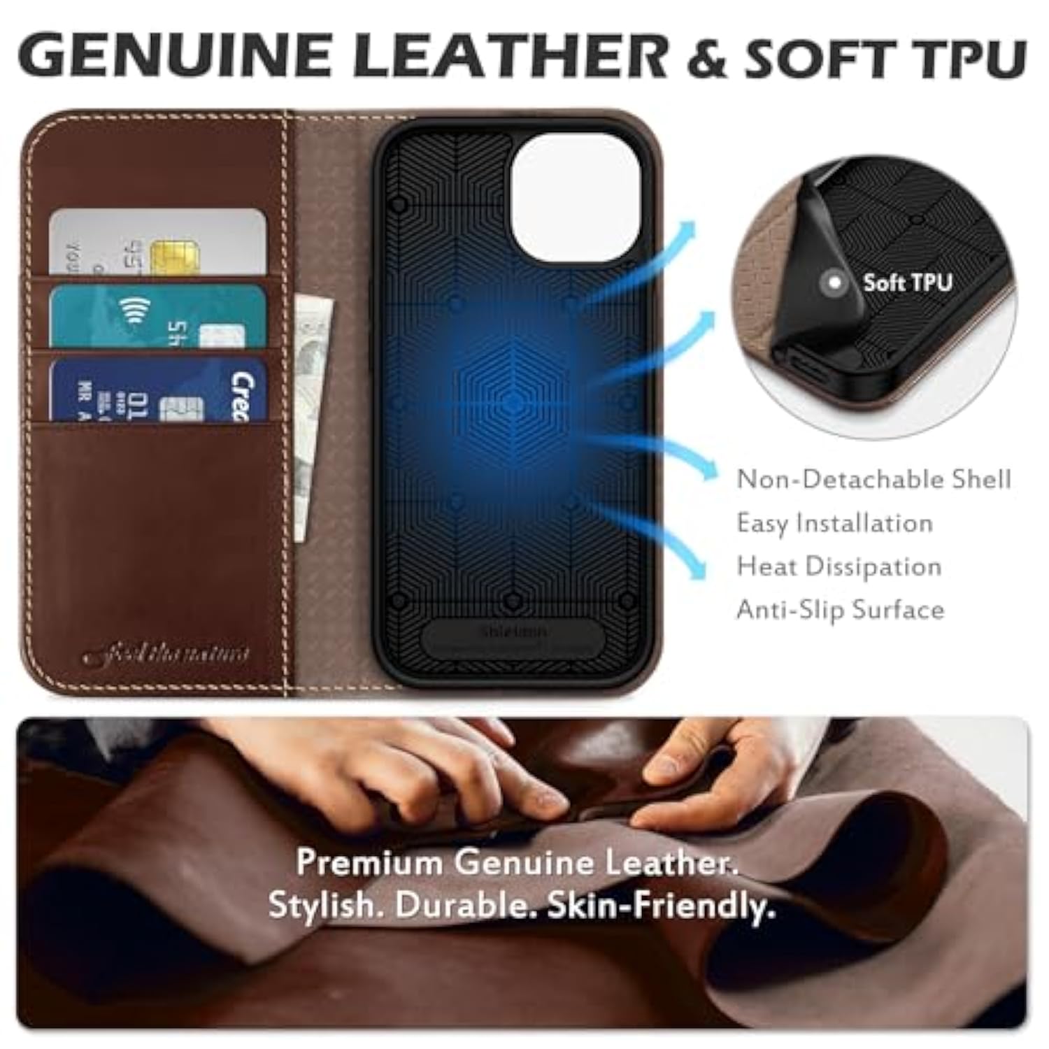 SHIELDON Case for iPhone 15 5G 2023, Genuine Leather Folio Wallet Magnetic Kickstand RFID Blocking Card Slots Shock-Absorbent Phone Cover Compatible with iPhone 15 (6.1 Inch) - Retro Coffee