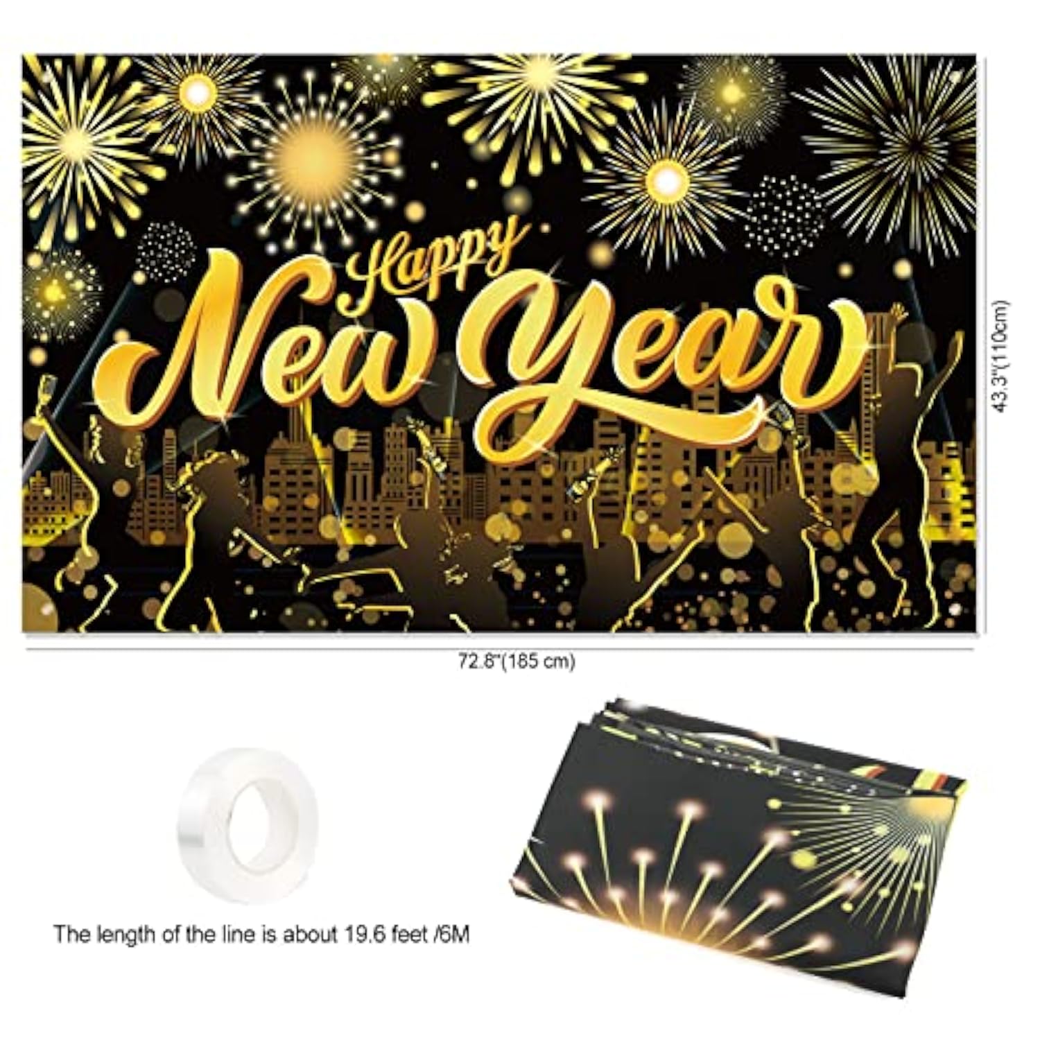 Extra Large Black Gold Happy New Year 2026 Banner Photo Backdrop Decor