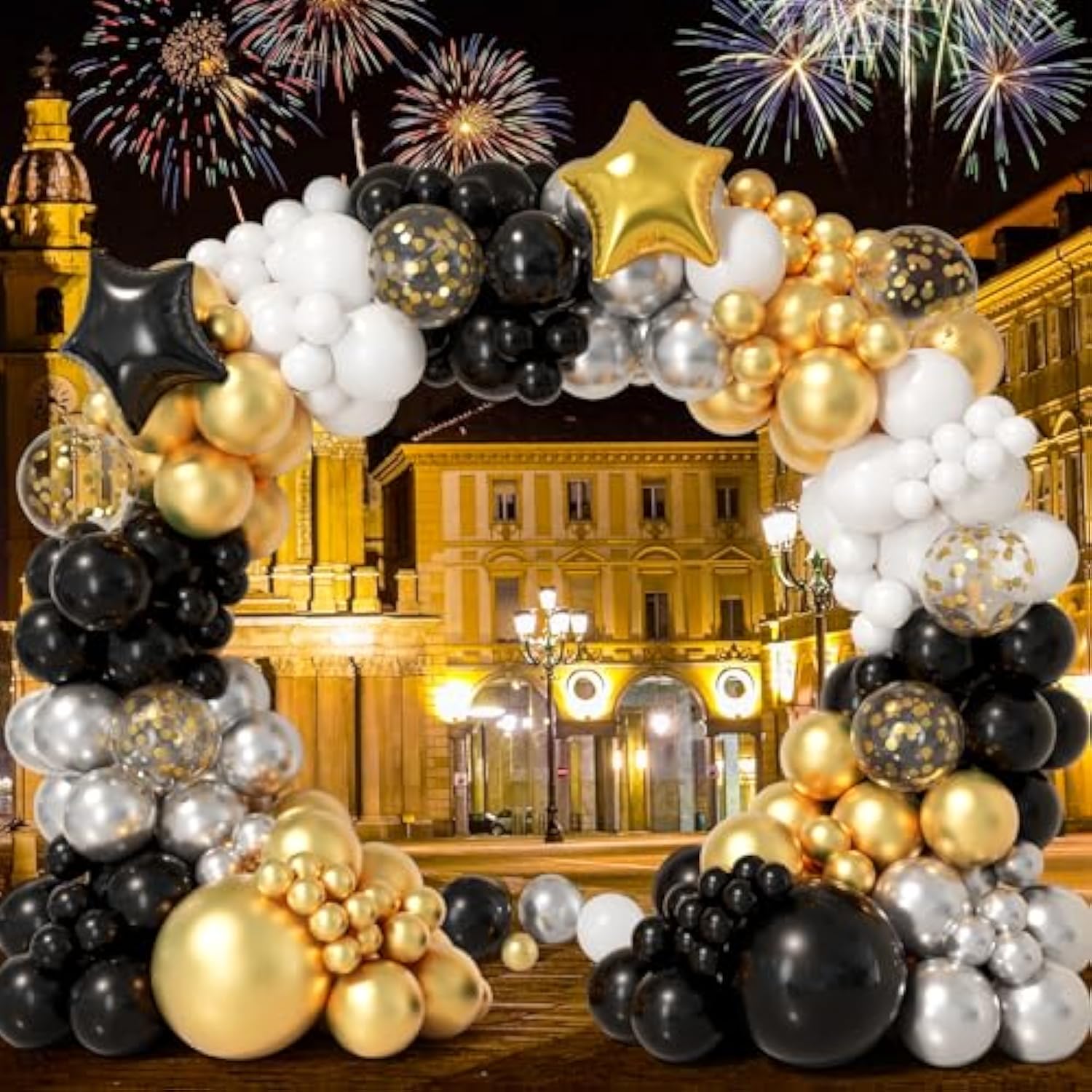 152pcs New Year Balloon Garland Arch Kit Black Gold White Silver Confetti Decor