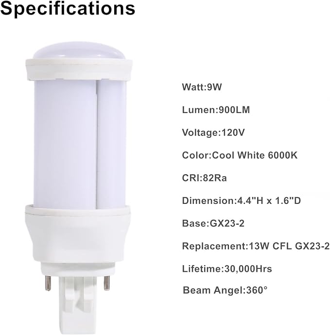 GX23 LED Bulbs 2 Pack 9W 900 Lumens 6000K Cool White Plug and Play PLS-13W Replacement
