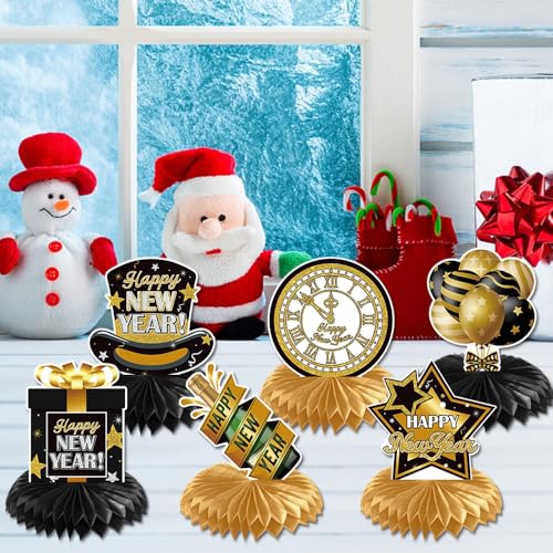 8 Pcs Happy New Years Party Honeycomb Centerpiece, Black Gold Paper Honeycomb Centerpiece Decorations, Happy New Year Theme Table Topper Centerpieces for 2026 New Year Party Supplies Photo Prop