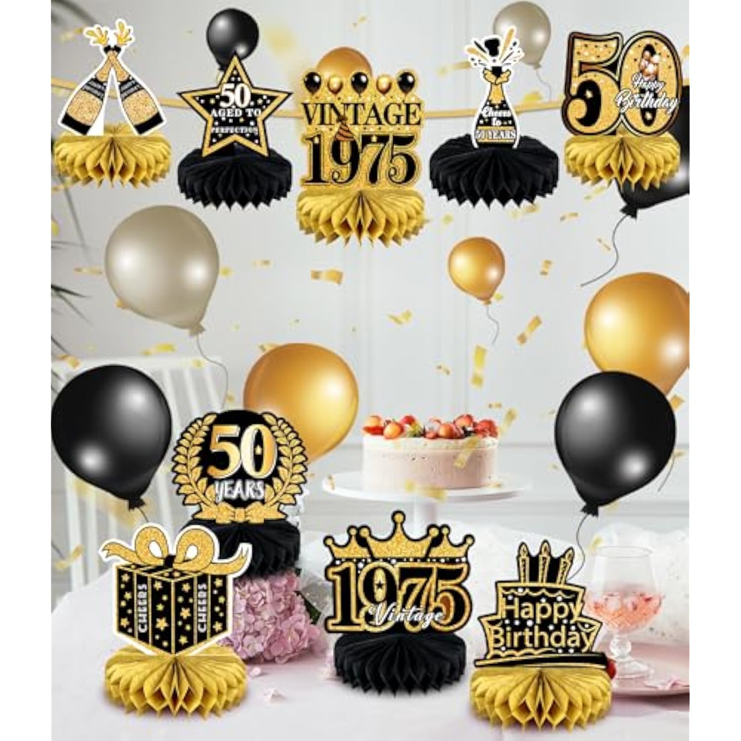 9pcs 50th Birthday Decorations Black Gold Honeycomb Centerpieces for Men Women