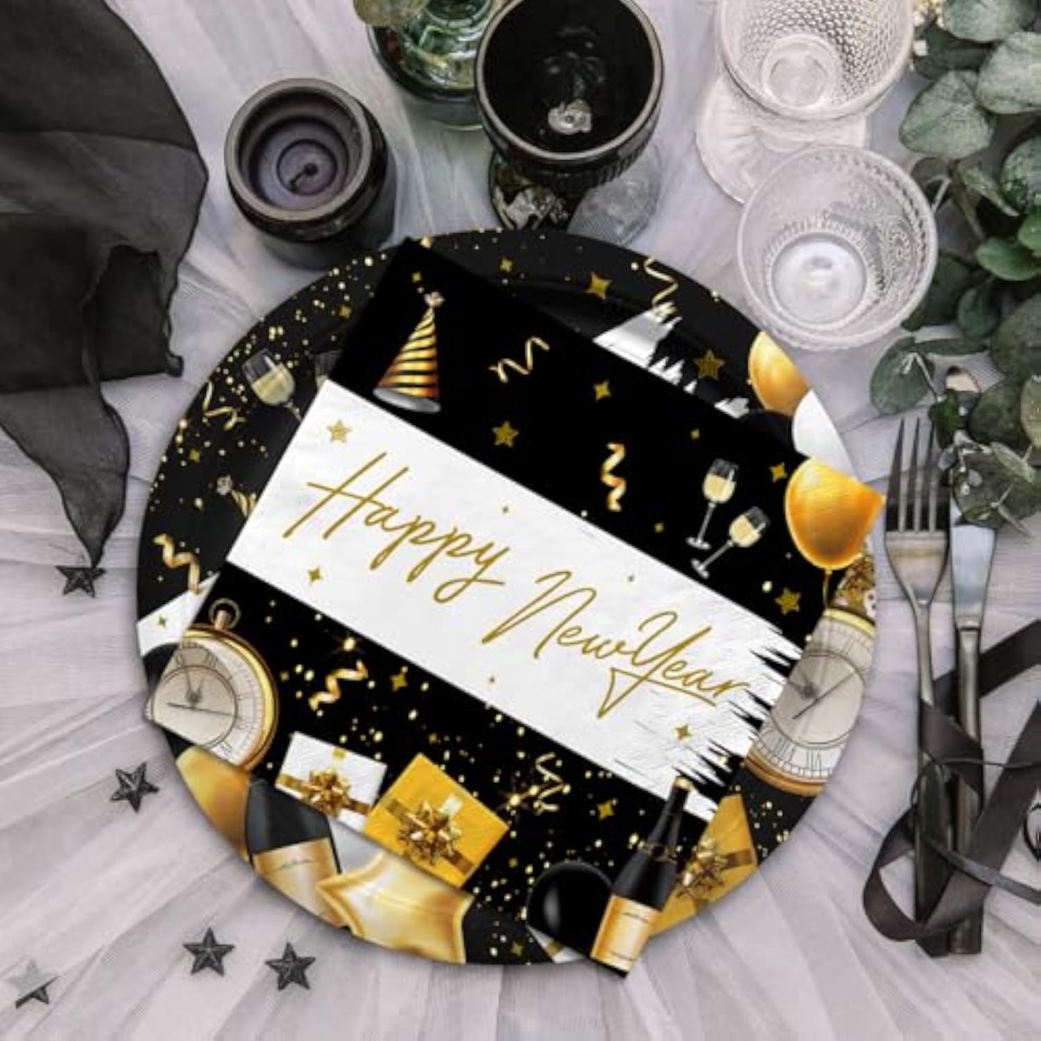 New Year Party Supplies with Plates, Napkins, Cups, Tablecloth, and Banner for 20