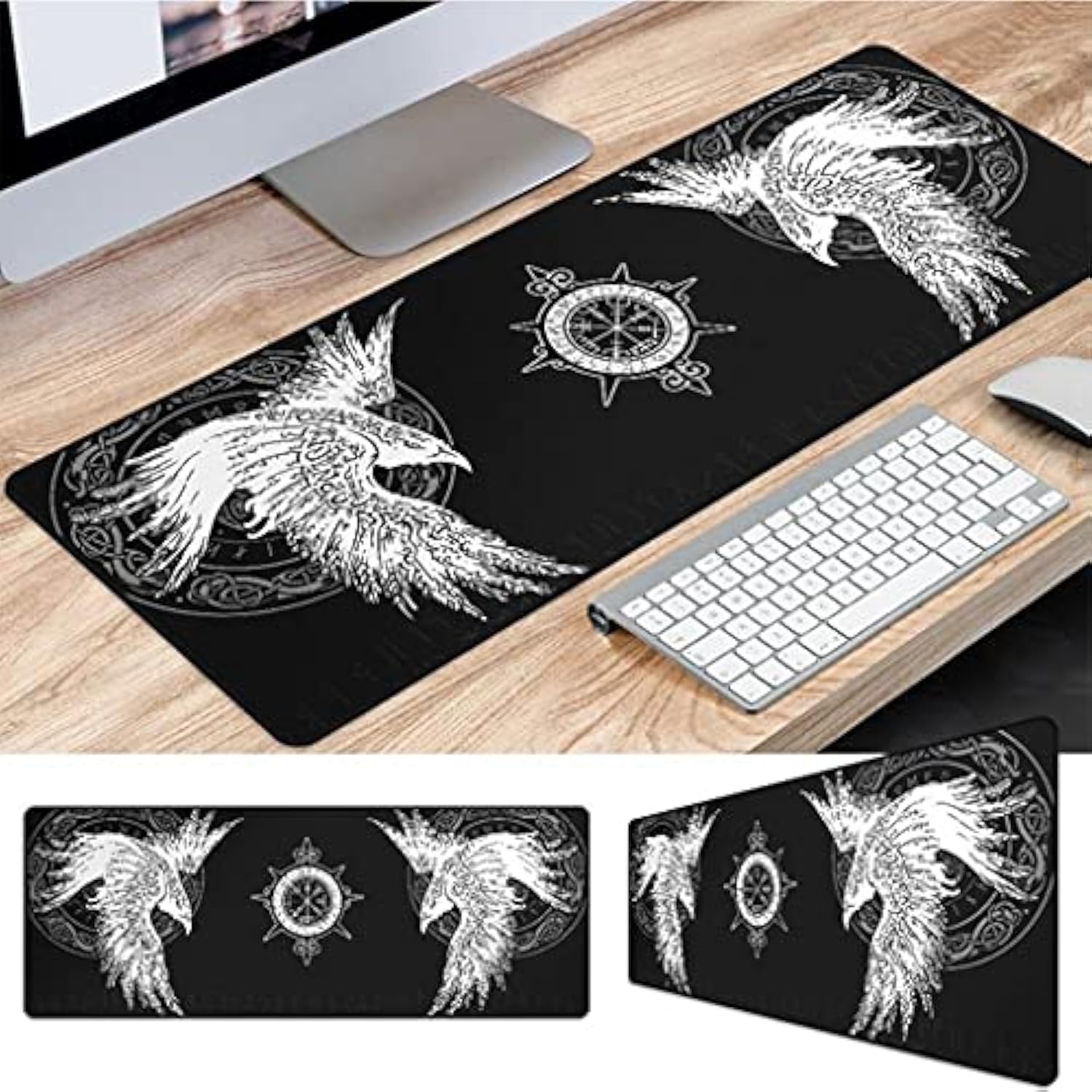 Viking Raven Rune Vegvisir Mouse Mat, 3D Print Tattoo Big Extended Desk Game Keyboard Pad With Non-Slip Base And Stitched Edge For Office & Home,Black,35.4" X 15.7"