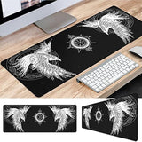 Viking Raven Rune Vegvisir Mouse Mat, 3D Print Tattoo Big Extended Desk Game Keyboard Pad With Non-Slip Base And Stitched Edge For Office & Home,Black,35.4" X 15.7"