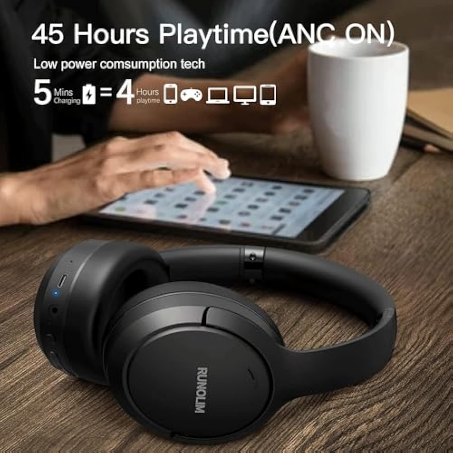 Hybrid Active Noise Cancelling Headphones, Wireless Over Ear Bluetooth Headphones With Microphone, 70H Playtime, Foldable Headphone With Hifi Audio, Deep Bass For Home Travel Office