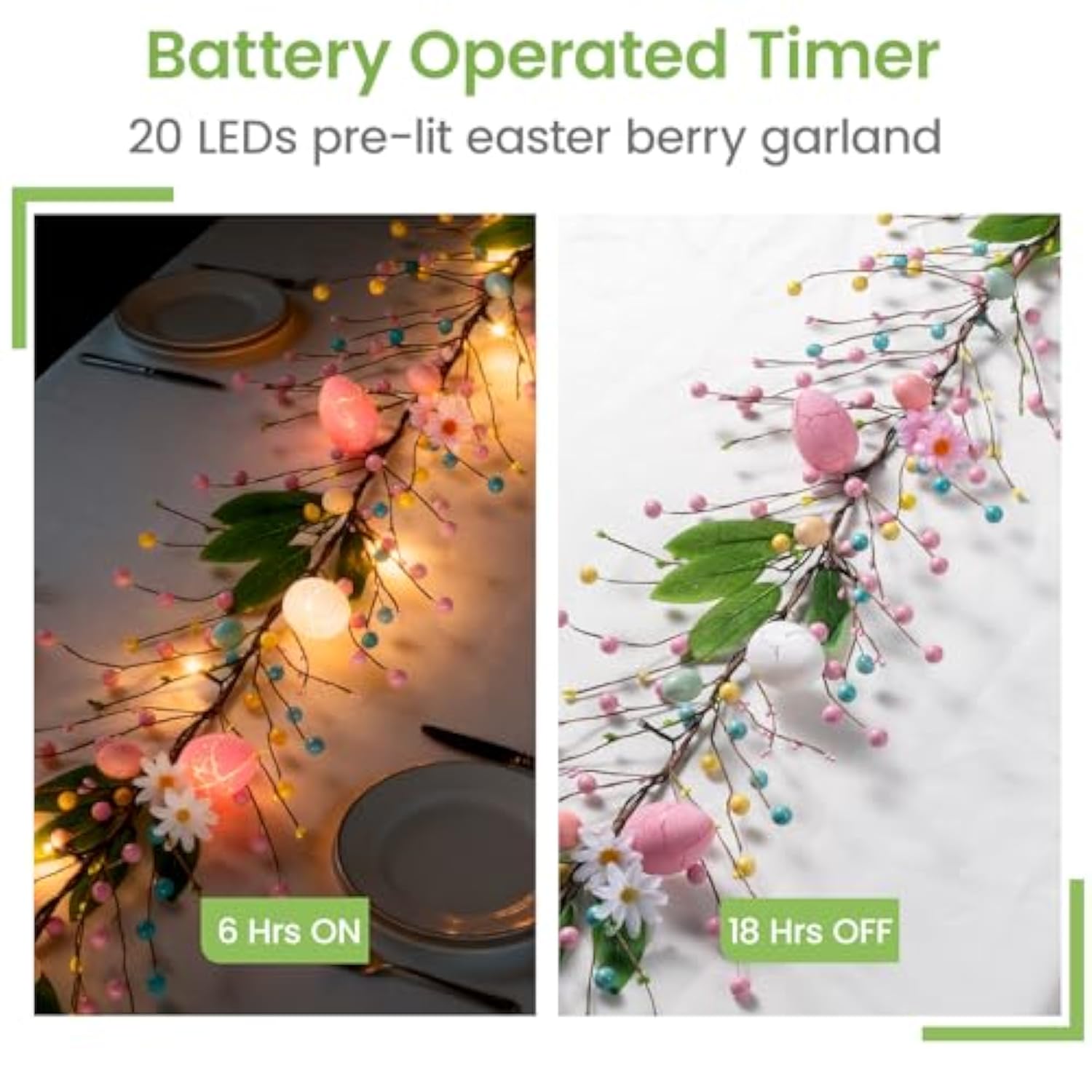 6 Ft Pre-Lit Easter Garland With 20 Led Lights & 8 Mode Timer, Mixed Pastel Easter Pip Berry Spring Galand For Mantle Decorations, Lighted Artificial Easter Egg Garland For Fireplace Table Holiday