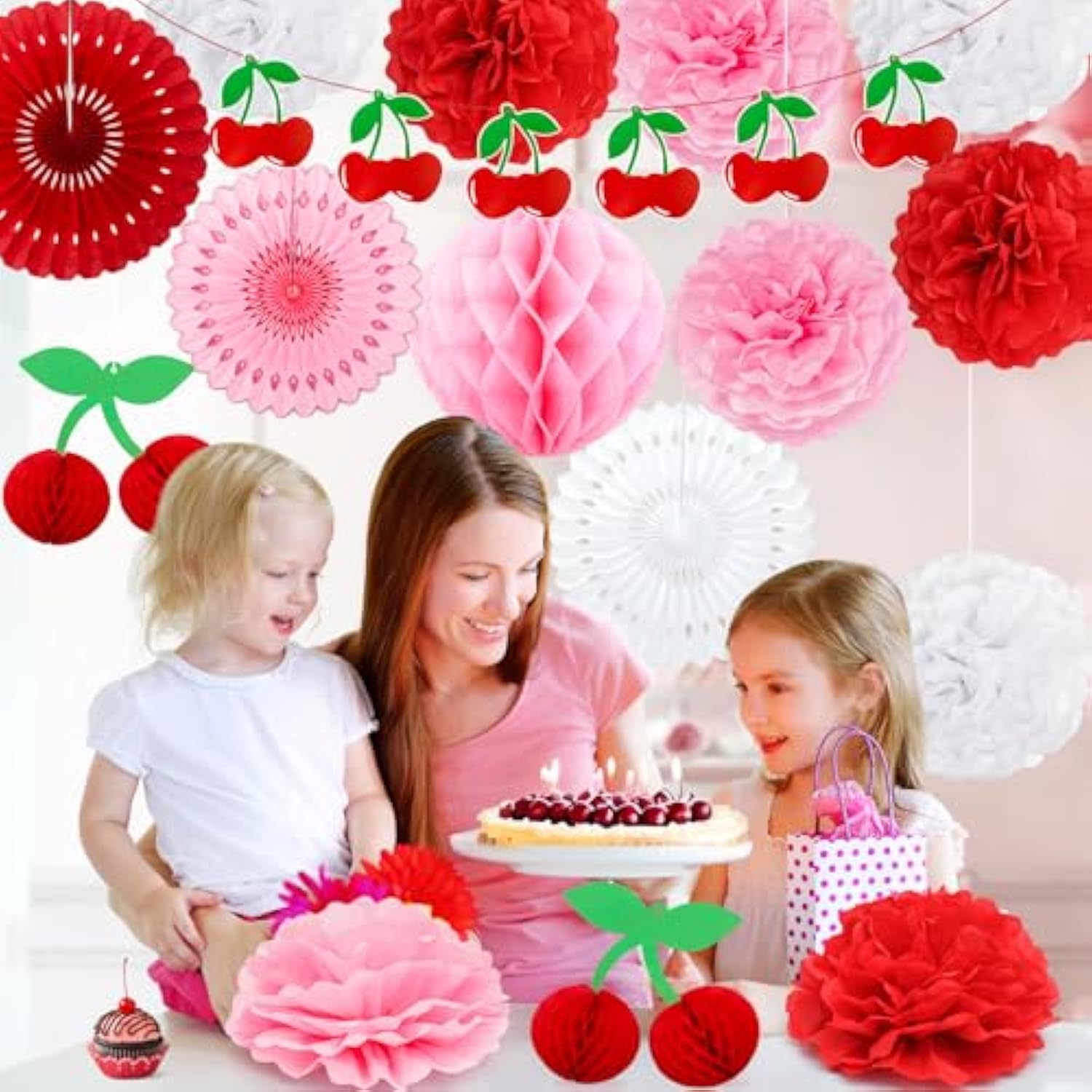 Cherry Party Decorations Hanging Paper Honeycomb Cherry Themed Party Decorations With Paper Pom Poms Honeycomb Balls,Party Supplies For Baby Shower Birthday Party Wedding