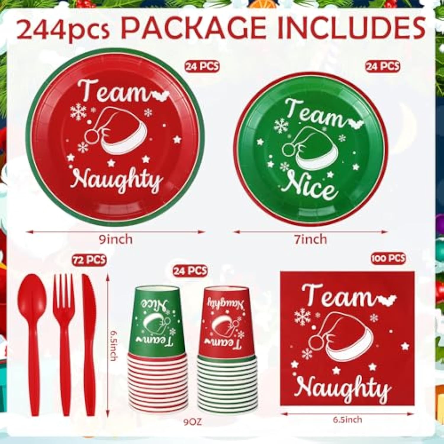244 Pcs Merry Christmas Friendsmas Naughty Team Nice Party Supplies Dinnerware Set Team Include 24 Pcs 9 And 7 Inch Plates 9 Oz Paper Cups Napkins Knives Forks Spoons For Xmas Party Decoration