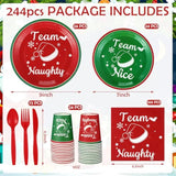 244 Pcs Merry Christmas Friendsmas Naughty Team Nice Party Supplies Dinnerware Set Team Include 24 Pcs 9 And 7 Inch Plates 9 Oz Paper Cups Napkins Knives Forks Spoons For Xmas Party Decoration