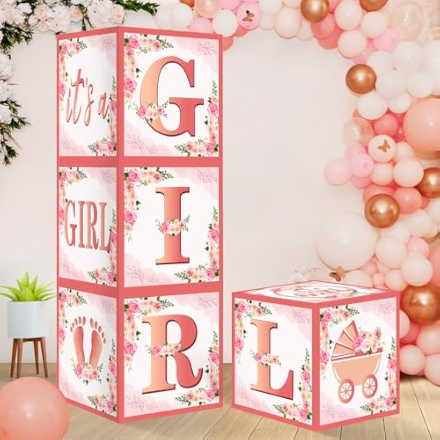 4Pcs Pink Rose Gold Baby Shower Decorations Balloon Boxes For Girls, Floral It'S A Girl Gender Reveal Baby Blocks Boxes Party Supplies, Baby Girl Pregnancy Announcement Cardboard Box Decor