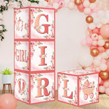 4Pcs Pink Rose Gold Baby Shower Decorations Balloon Boxes For Girls, Floral It'S A Girl Gender Reveal Baby Blocks Boxes Party Supplies, Baby Girl Pregnancy Announcement Cardboard Box Decor