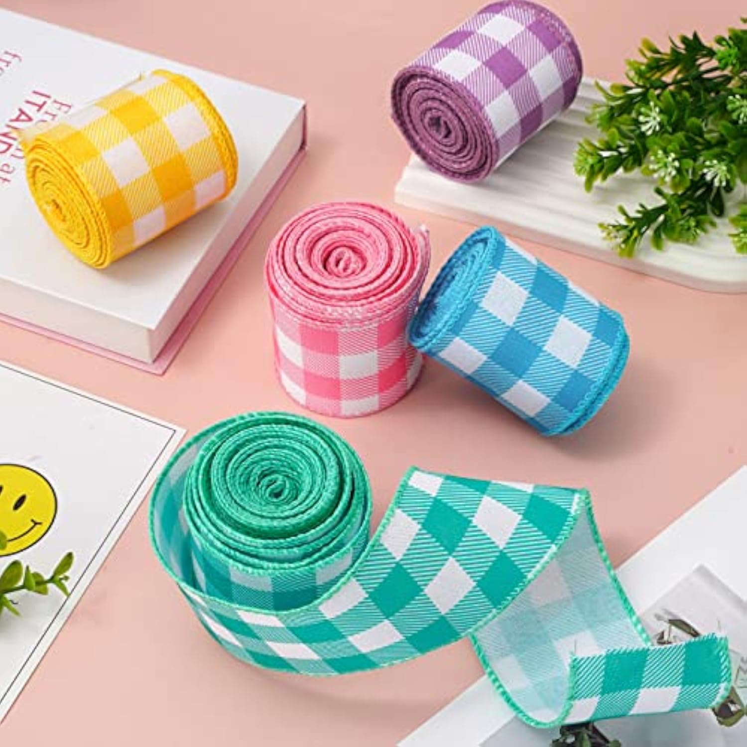Spring Wired Edge Ribbon 30 Yards Pastel Gingham Patterned Ribbon Colo