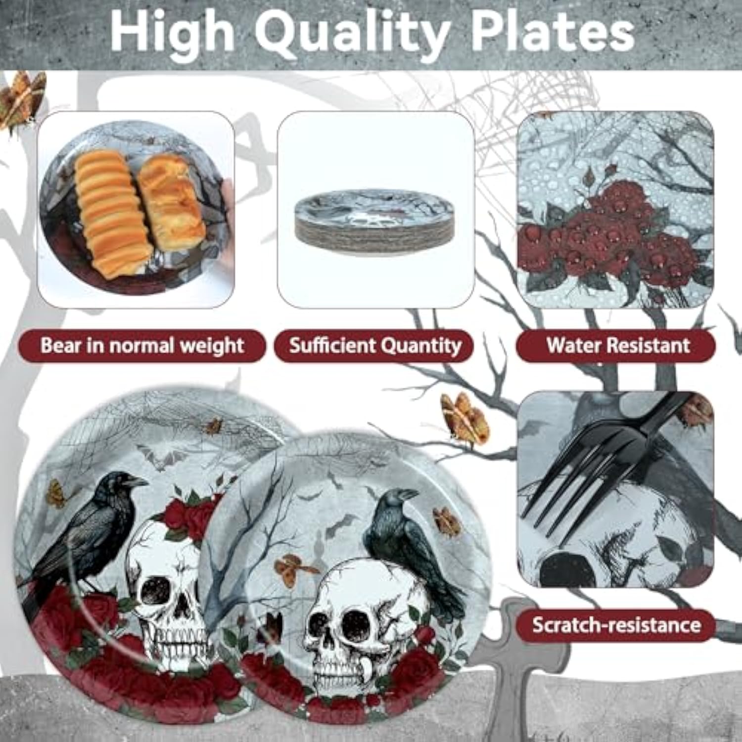 96pcs Halloween Gothic Skull Plates and Napkins Rose Crow Disposable Tableware Serves 24