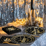 96 Pcs Happy New Year Plates And Napkins, 2026 Nye Plates Black Gold With Clock Design, Disposable Dinnerware Set Include Plate, Napkins, Fork, Happy New Year Plate For Eve Party Supplies Serves 24