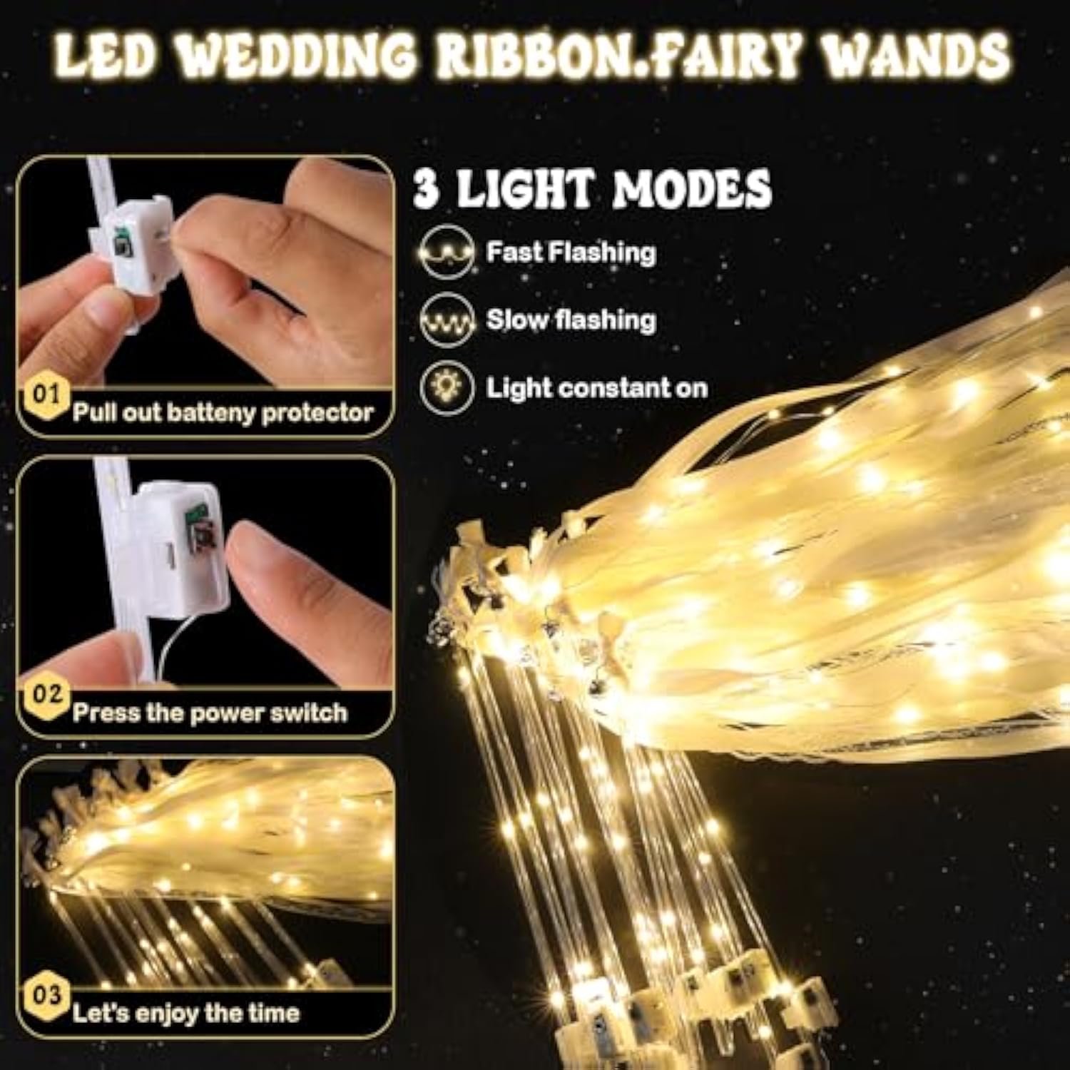 50 Pcs LED Wedding Ribbon Wands Warm White Fairy Streamers with Bells